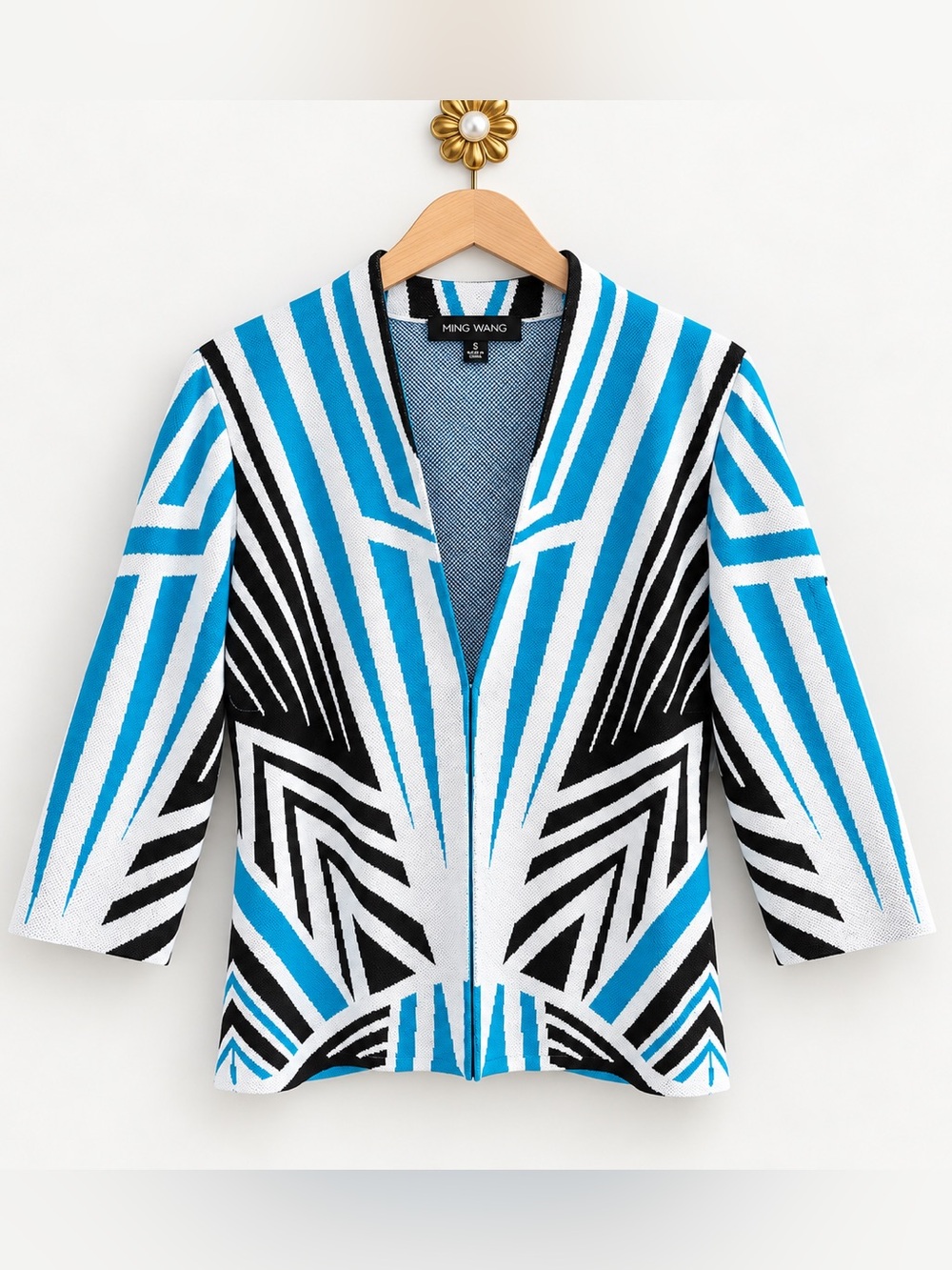 Ming Wang Geometric Knit Jacket Cardigan Blue Black White Size Small